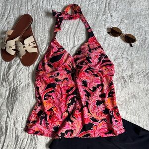 ✨Like New!💕Chaps Halter Swim Top in Black with Pink & Orange Paisley
